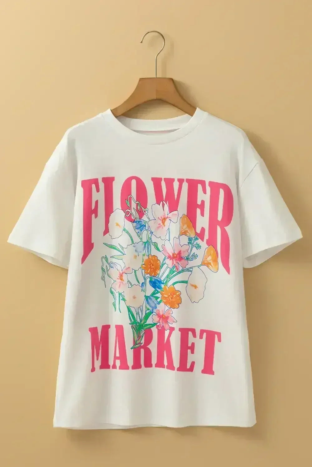 White FLOWER MARKET Letter Graphic T Shirt - Femstylo