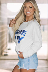 White Sequins GAME DAY Graphic Round Neck Sweater