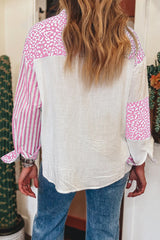 Pink Leopard Striped Patchwork Button-up Shirt Shacket