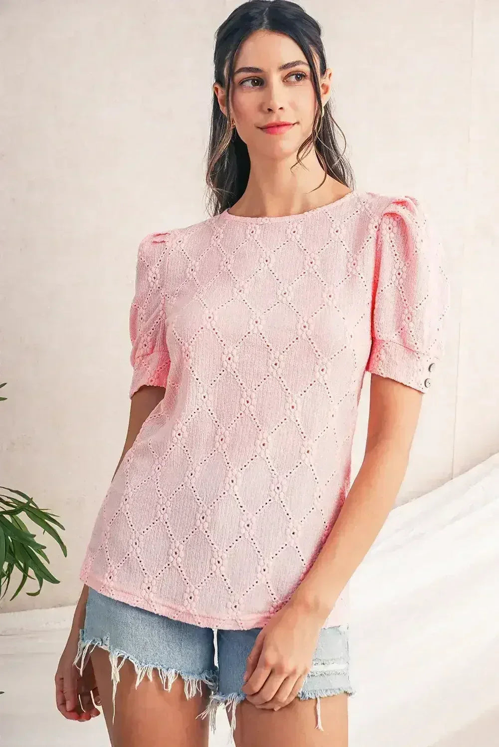 White Embroidered Floral Geometric Button Short Sleeve Top | Femstylo - Femstylo