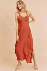 Aemi + Co Ruched Side Slit Cutout Back Maxi Cami Dress - Femstylo