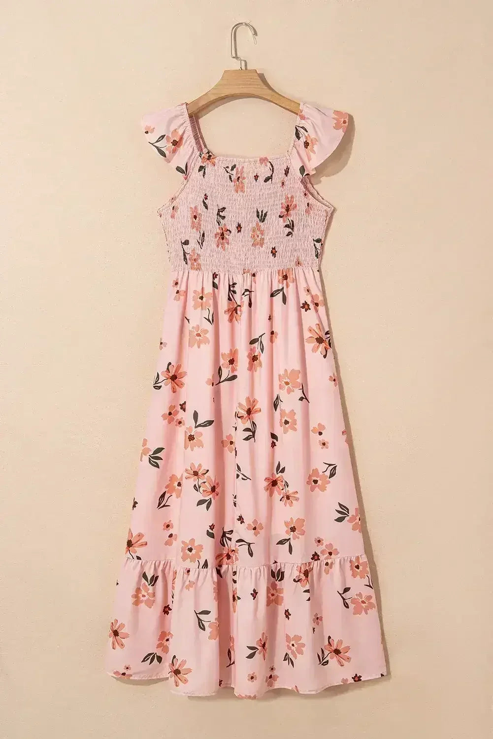 Pink Floral V Neck Smocked High Waist Ruffle Hem Maxi Dress - Femstylo