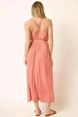 Mittoshop Cross Back Belted V Neck Tank Maxi Dress - Femstylo