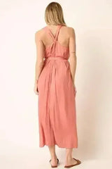 Mittoshop Cross Back Belted V Neck Tank Maxi Dress - Femstylo