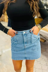 Dusk Blue Acid Washed Bowknot Details High Waist Denim Skirt - Femstylo