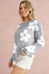 60s Flower Drop Shoulder Hollow Knit Top Light Grey -Femstylo