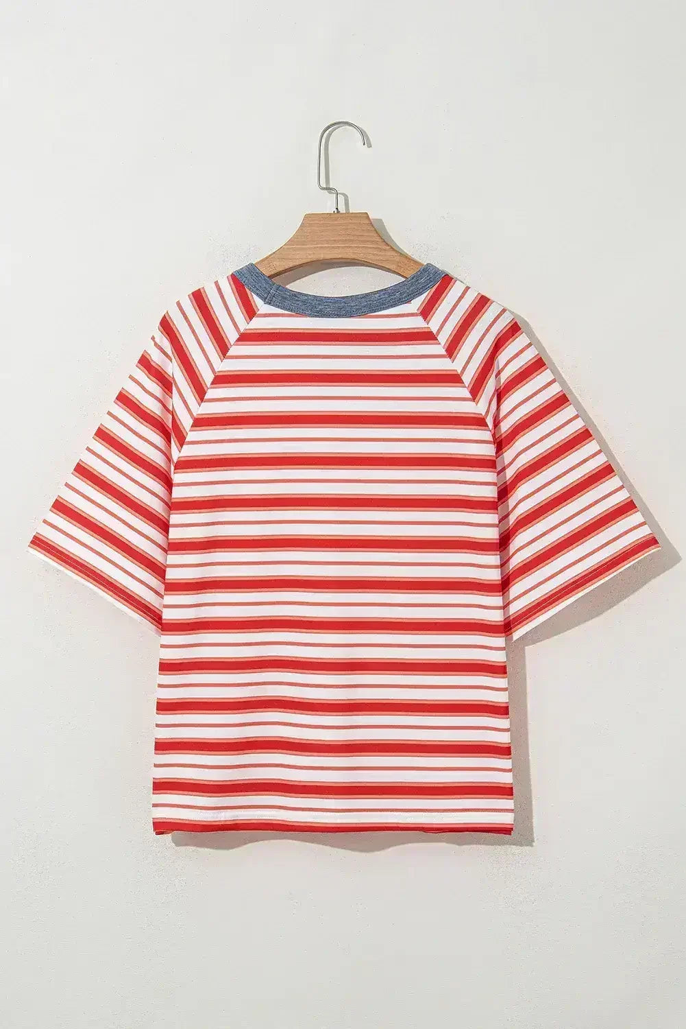 Tomato Red Striped Raglan Sleeve Contrast Neck T-Shirt - Femstylo