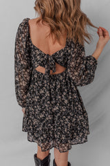 Black Floral Long Sleeve Frilly Shirred Square Neck Mini Dress