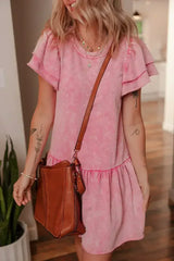 Sachet Pink Mineral Wash Raw Edge Ruffle Mini Dress - Femstylo