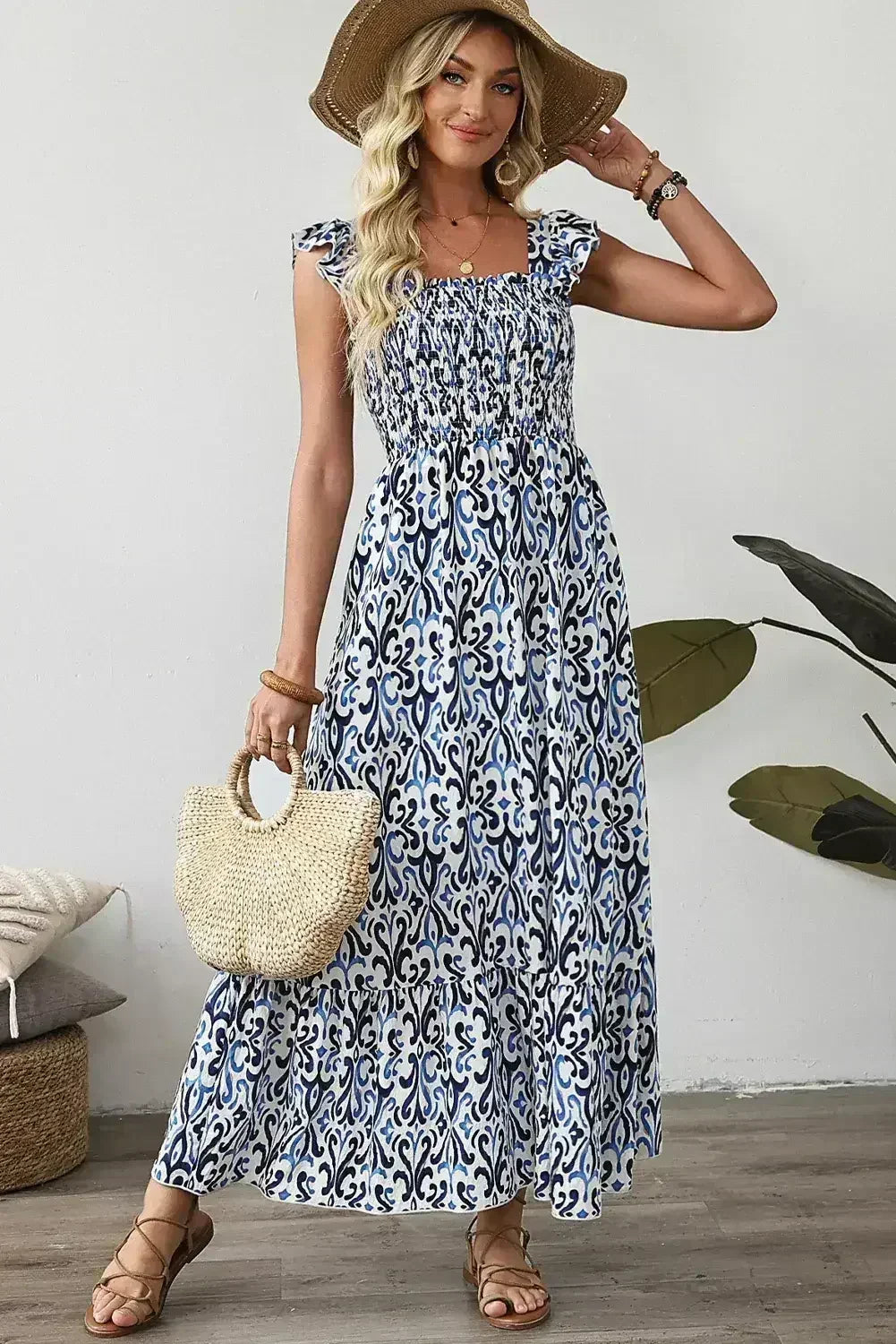 Sky Blue Boho Print Smocked High Waist Maxi Dress - Femstylo