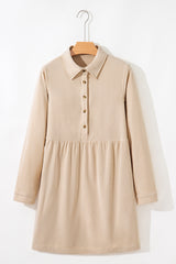 Oatmeal Corduroy Half Button Collared Long Sleeve Mini Dress