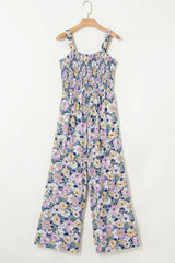 Purple Floral Square Neckline Stretch High Waist Jumpsuit - Femstylo
