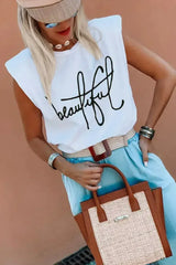 Padded Shoulder Letter Print Tank Top - Femstylo