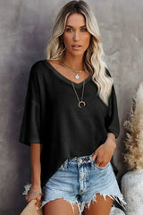 White Waffle Texture V Neck Drop Shoulder Loose Tee - Femstylo
