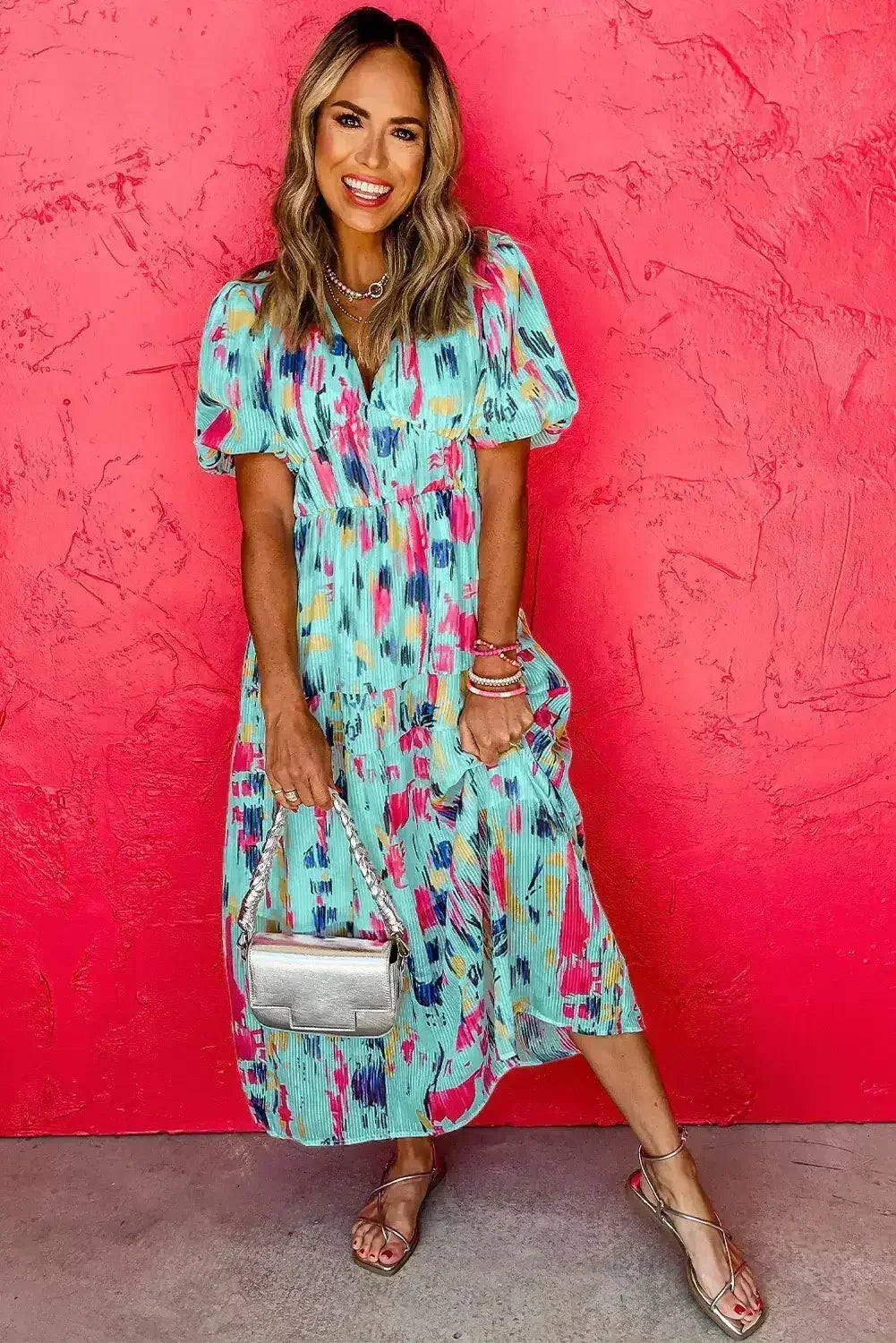 Sky Blue Abstract Print Short Puff Sleeve Tiered Maxi Dress - Femstylo