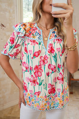 Pink Floral Print Striped Detail Split Neck Short Sleeve Blouse