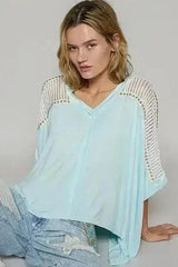 POL Oversize V-Neck Crochet Lace Contrast Studded Top - Femstylo