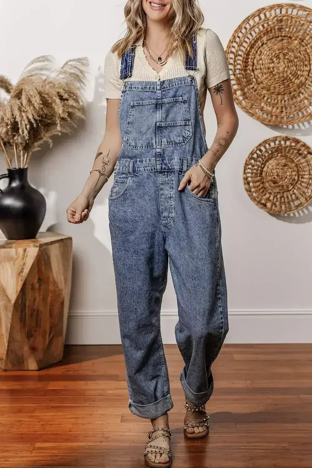 Sail Blue Straight Leg Pockets Denim Bib Overall - Femstylo