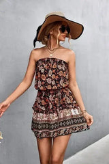 Women's Bohemian Floral Print Strapless Dress Summer Beach Dress - Femstylo