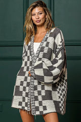 Taupe Colorblock Checked Open Front Knitted Cardigan