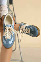 Dusk Blue Two Tone Suede Patched Lace Up Sneakers - Femstylo