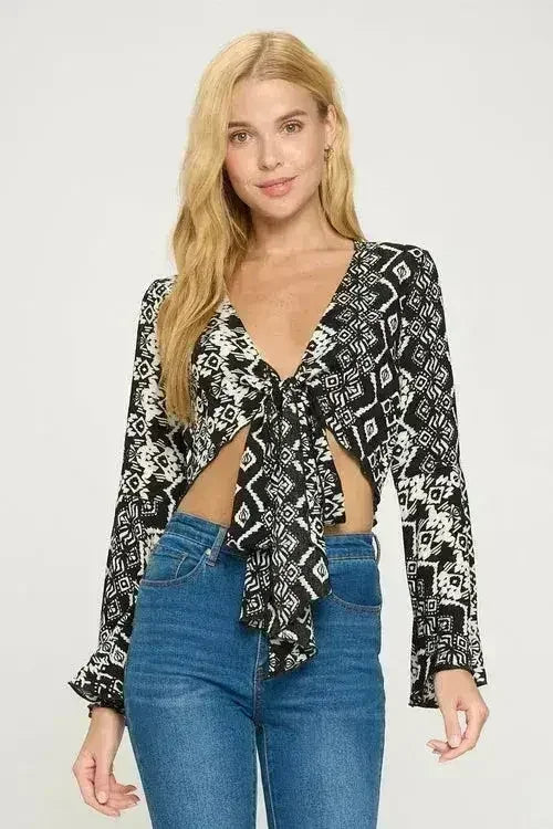 Boho Bell-Sleeve Crop Top | Floral Tie-Front | Sizes S-XL - Femstylo