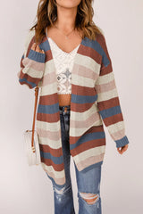 Dark Blue Color Block Striped Cut Out Knit Cardigan