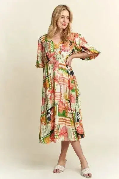 ADORA Floral V-Neck Puff Sleeve Midi Dress - Femstylo