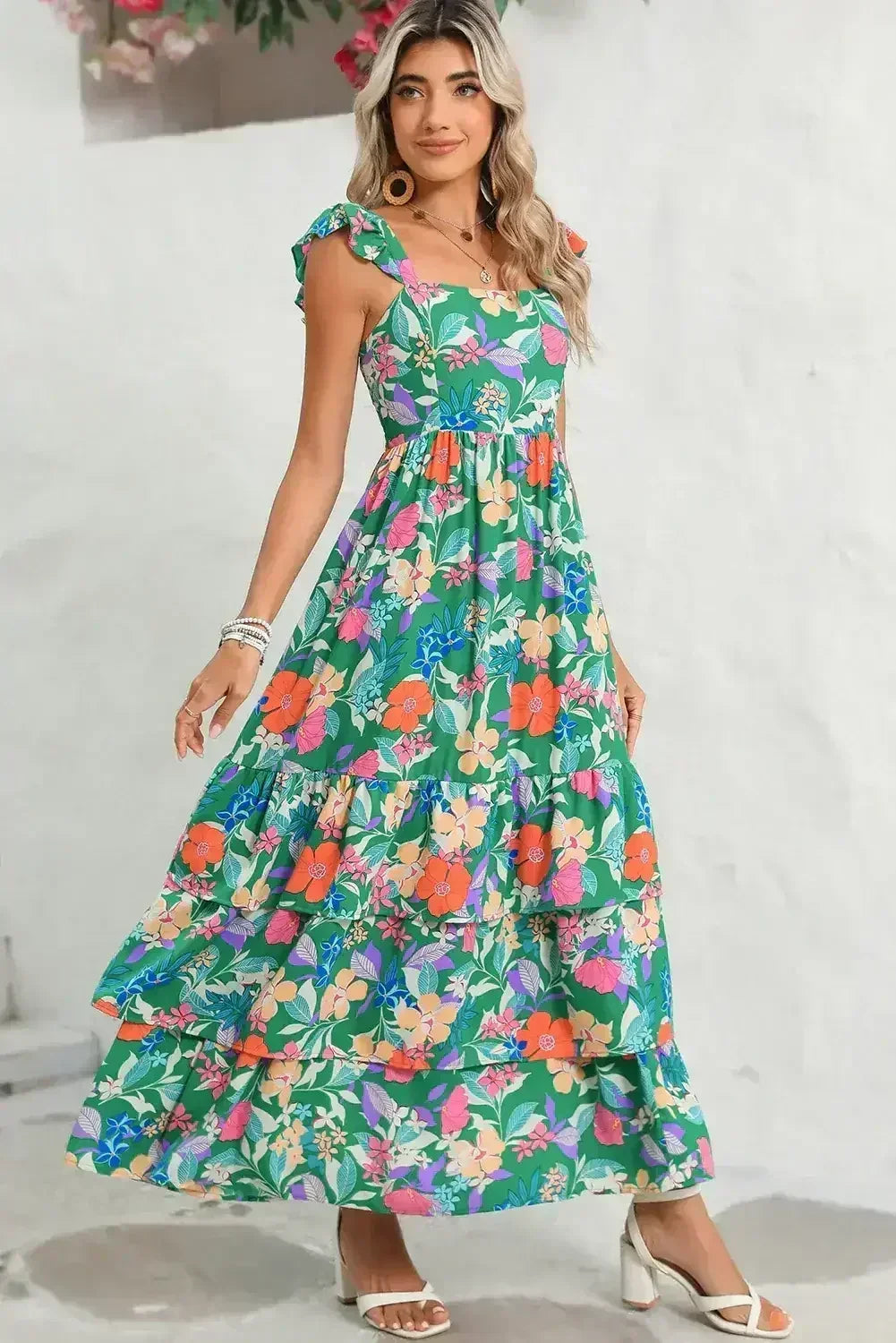 Green Boho Floral Print Ruffle Sleeveless Tiered Maxi Dress - Femstylo