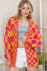 Taupe Colorblock Checked Open Front Knitted Cardigan