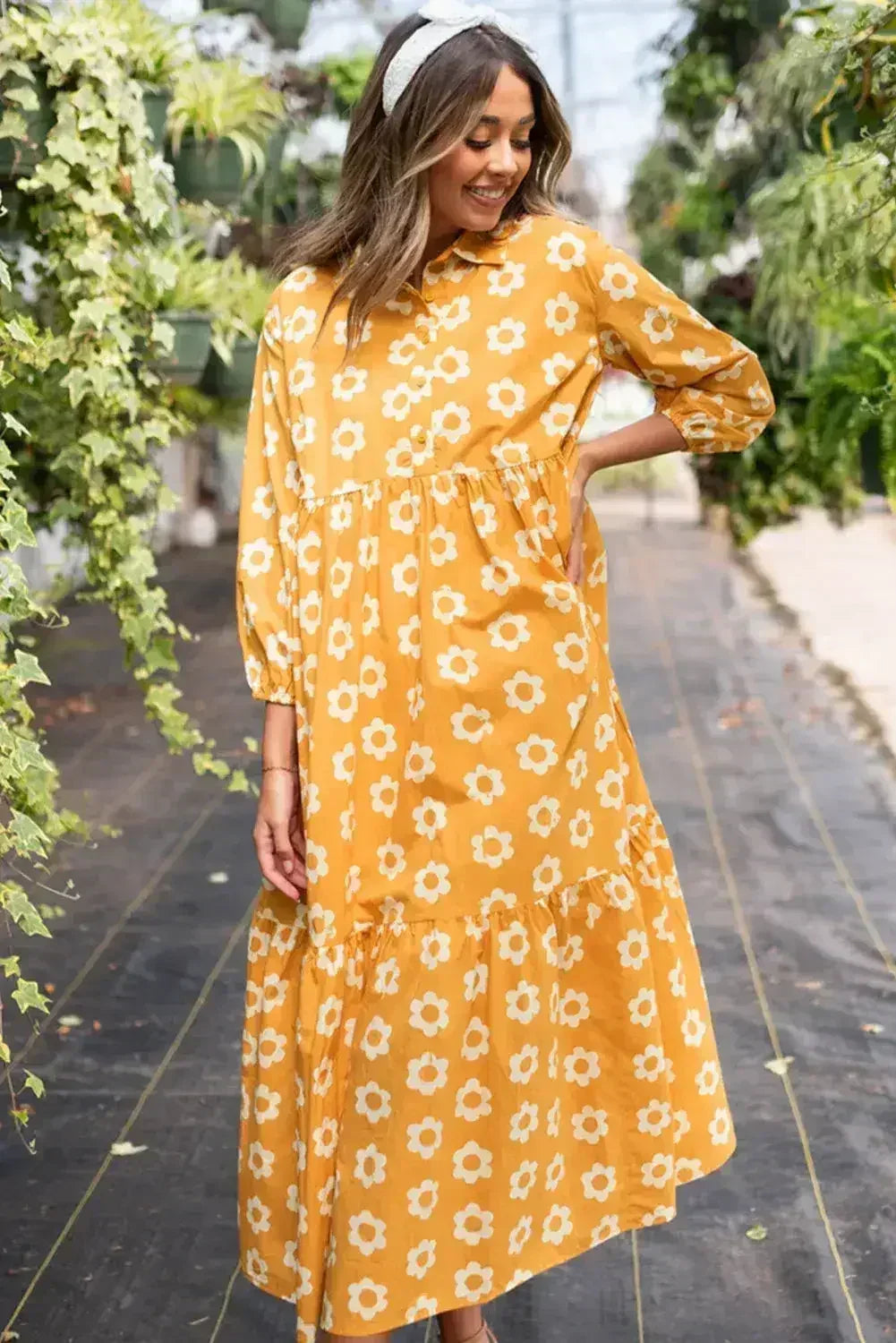 Yellow Flower Print Bracelet Sleeve Buttons Collared Maxi Dress - Femstylo