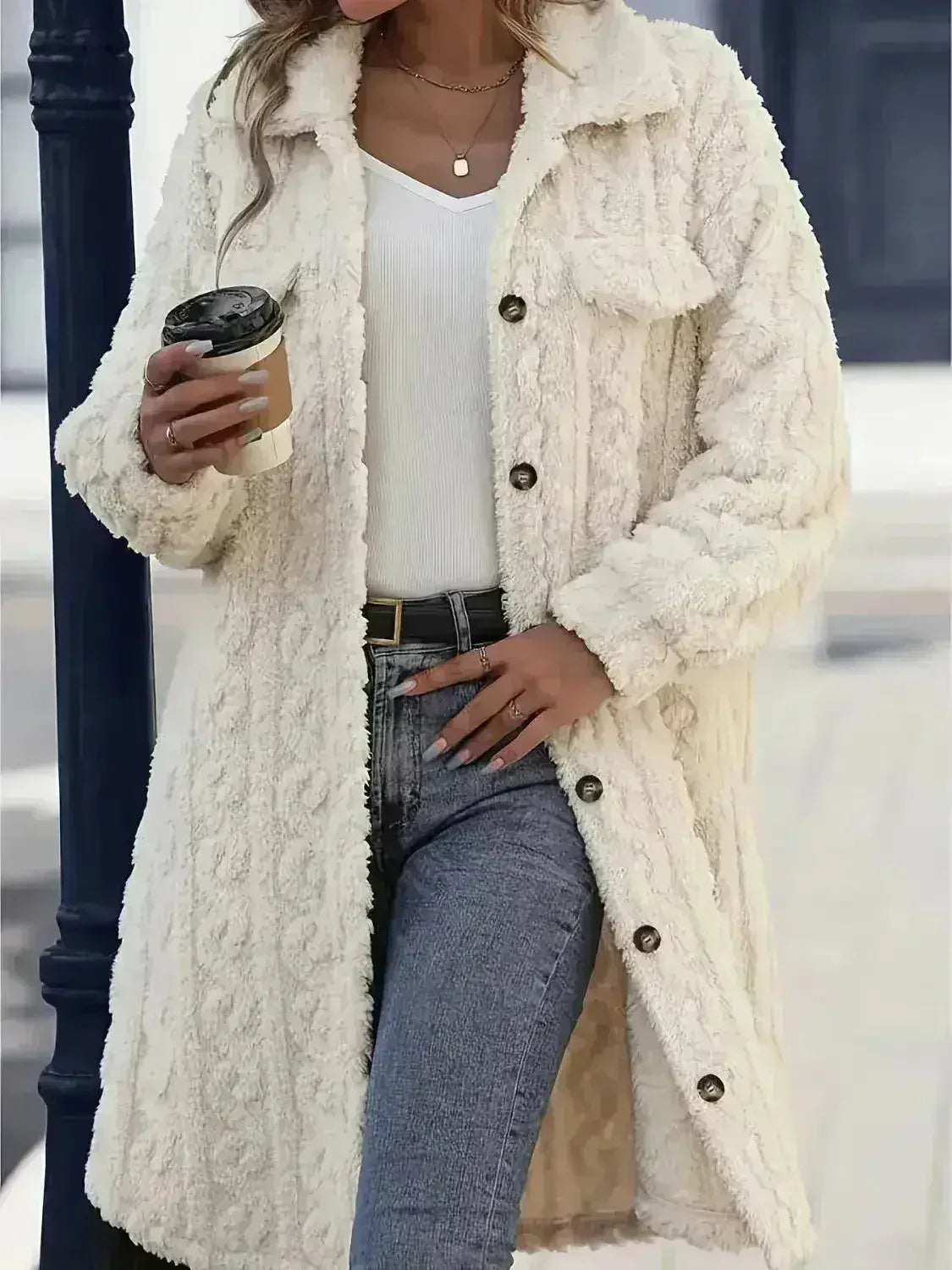 Fuzzy Button-Up Longline Coat - Oversized Polyester Topper | Femstylo - Femstylo