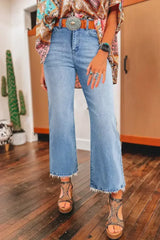 Sail Blue Mineral Wash Raw Hem High Waist Flared Jeans - Femstylo