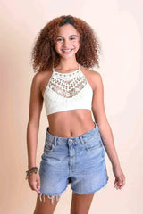 Crochet Lace High Neck Bralette – Halter Style with Cross-Back - Femstylo