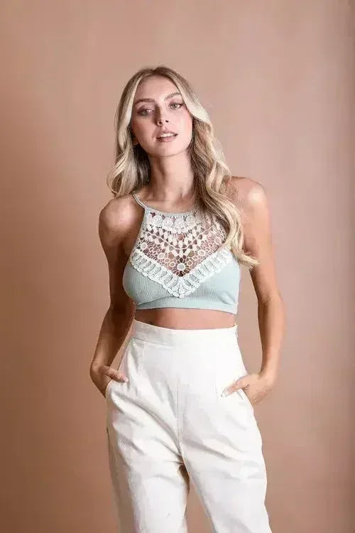 Crochet Lace High Neck Bralette – Halter Style with Cross-Back - Femstylo