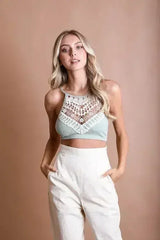 Crochet Lace High Neck Bralette – Halter Style with Cross-Back - Femstylo