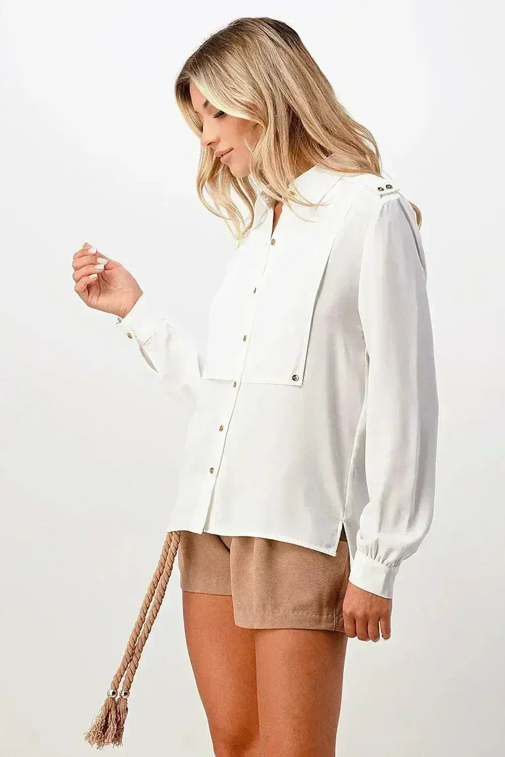 Long Sleeve Button-Down Blouse with Gold Button Accents - Femstylo