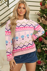 Multicolour Ethnic Christmas Pattern Knit Feather Cuffed Sweater