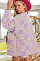 Taupe Colorblock Checked Open Front Knitted Cardigan