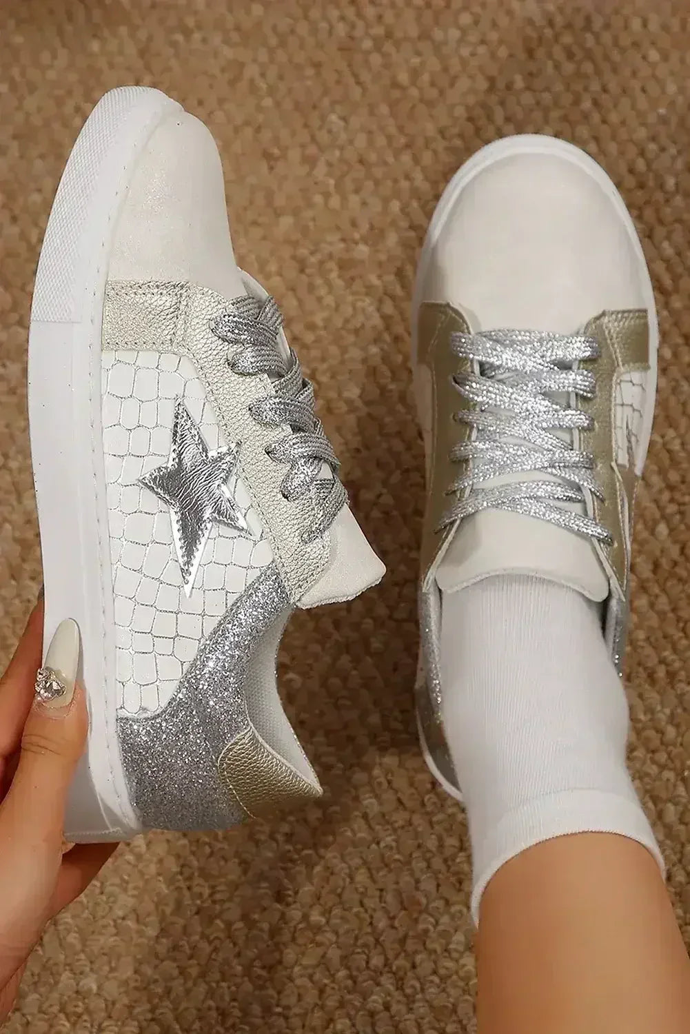 Gold Glitter Star Patchwork PU Leather Lace-up Sneakers - Femstylo