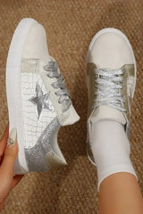 Gold Glitter Star Patchwork PU Leather Lace-up Sneakers - Femstylo