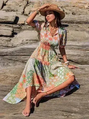 Printed Smocked Waist Short Sleeve Maxi Dress - Femstylo