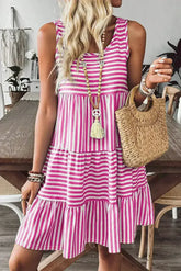 Black Stripe U Neck Sleeveless Loose Fit Mini Dress - Femstylo