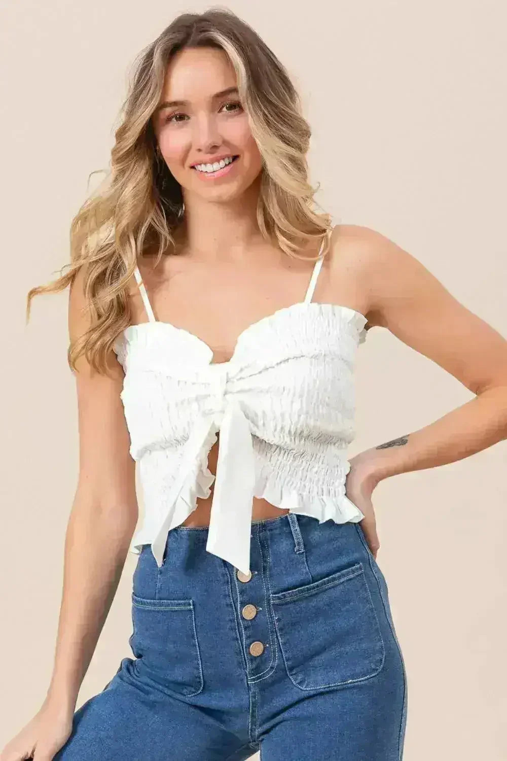 BiBi Ruffled Smocked Ribbon Detail Cami - Femstylo