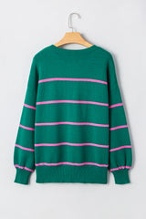 Green Striped Half Button Drop Shoulder Oversized Sweater