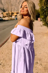 Purple Ruffled Flutter Sleeve Square Neck Textured Tiered Maxi Dress - Femstylo