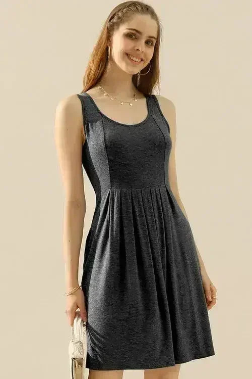 Doublju Full Size Round Neck Ruched Sleeveless Dress with Pockets - Femstylo