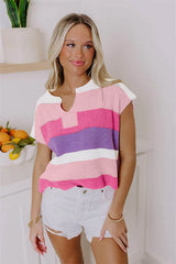 Multicolour Colorblock Notch V Neck Knit T Shirt