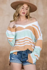 Multicolor Colorblock Stripe V Neck Split Sweater - Femstylo