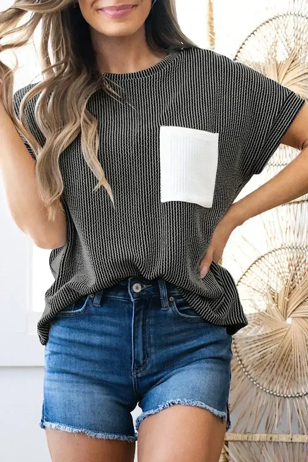 Pink Corded Colorblock Pocket Crew Neck T Shirt - Femstylo